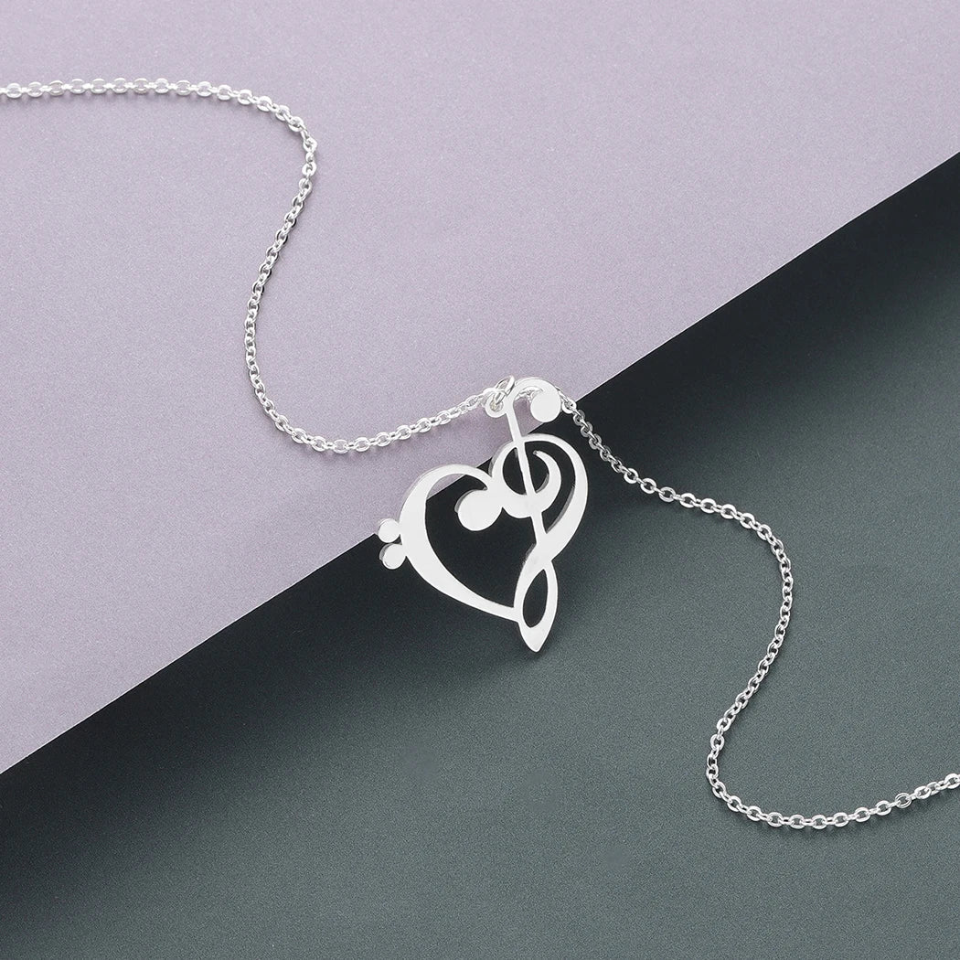 Kinitial Music Note Heart Necklace - Treble & Bass Clef Pendant Jewelry Gift for Music Lovers and Teachers