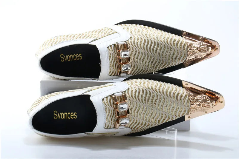 Men’s Designer Pointed Toe Dress Shoes - Crystal Patchwork Metal Toe Wedding & Party Shoes