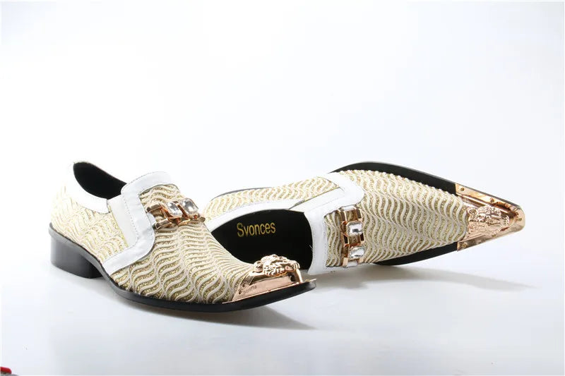 Men’s Designer Pointed Toe Dress Shoes - Crystal Patchwork Metal Toe Wedding & Party Shoes