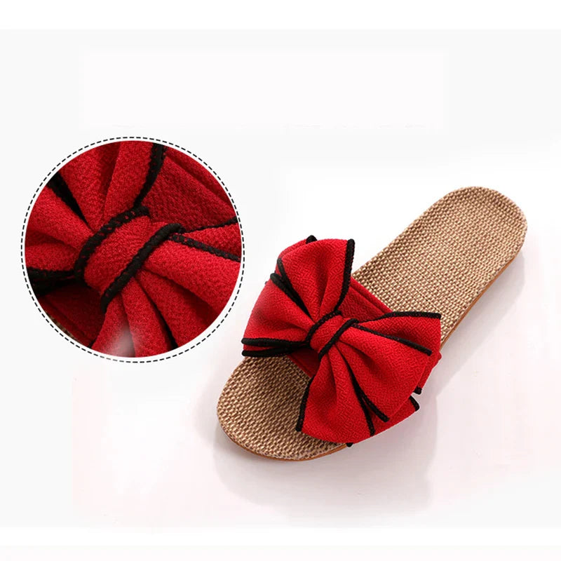 Mntrerm 2024 Women's Casual Linen Slippers – Soft Indoor Flats with Bow-Knot, Cute Summer Home Sneakers