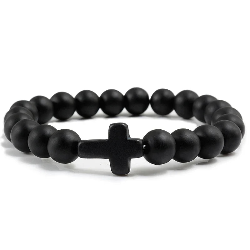 Natural Stone Cross Bracelet - Black Lava Matte Beaded Jewelry for Men & Women Prayer, Fitness & Gift