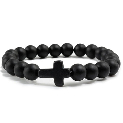 Natural Stone Cross Bracelet - Black Lava Matte Beaded Jewelry for Men & Women Prayer, Fitness & Gift
