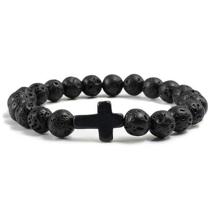 Natural Stone Cross Bracelet - Black Lava Matte Beaded Jewelry for Men & Women Prayer, Fitness & Gift