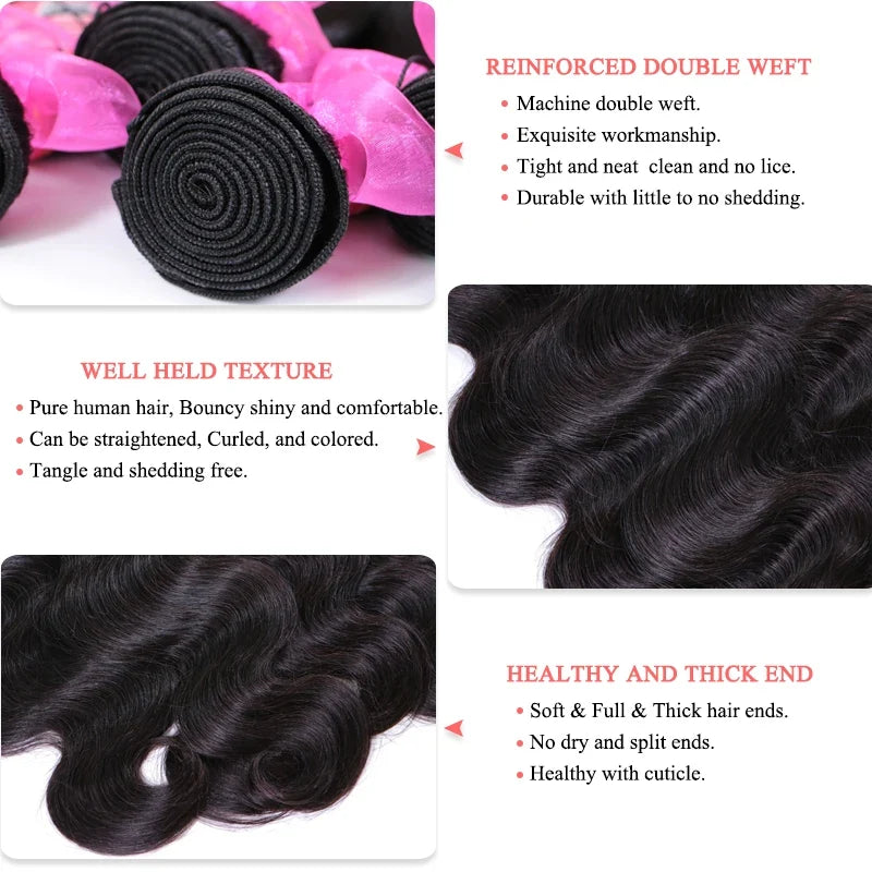 Queen Body Wave Raw Human Hair Bundles - Unprocessed 100% Natural Hair Extensions Weave 1-4pcs