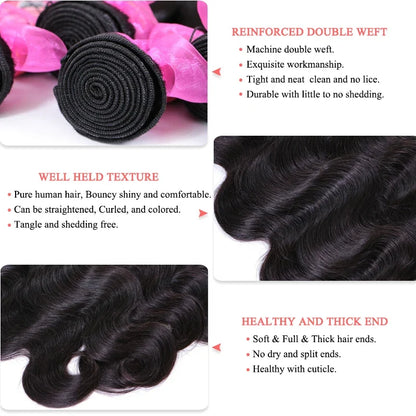 Queen Body Wave Raw Human Hair Bundles - Unprocessed 100% Natural Hair Extensions Weave 1-4pcs