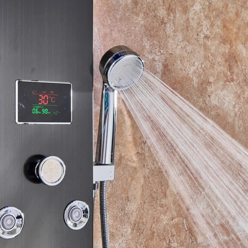LED Waterfall Shower Panel System - Black In-Wall Rain Shower with Spa Massage Sprayer & Bidet Tap