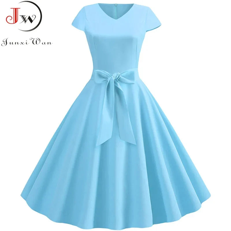 Women Vintage Summer Dress - V Neck Short Sleeve Swing Party Dress With Belt
