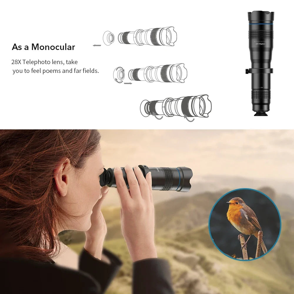 APEXEL 28X Telephoto Phone Lens - HD Smartphone Camera Zoom Monocular with Mini Selfie Tripod