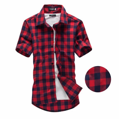 Men’s Red & Black Plaid Shirt - 2026 Summer Short Sleeve Checkered Casual Fashion Top