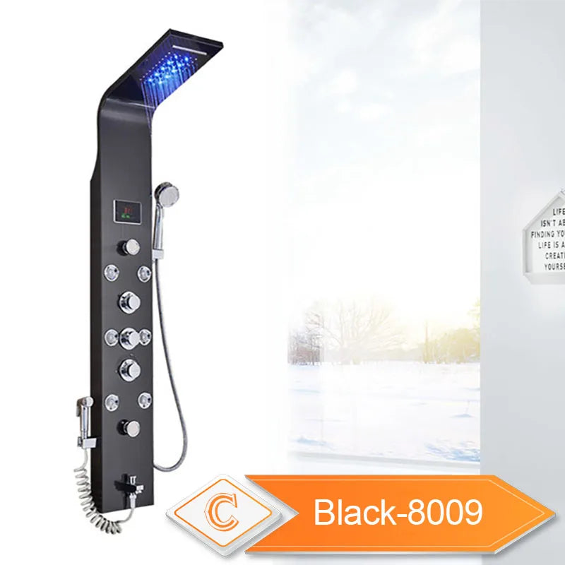 LED Waterfall Shower Panel System - Black In-Wall Rain Shower with Spa Massage Sprayer & Bidet Tap