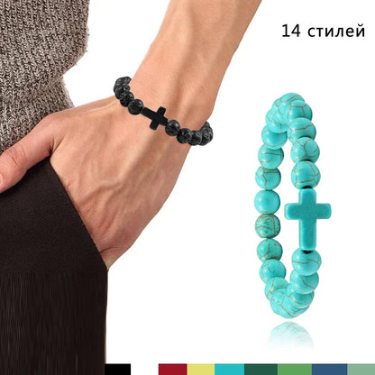 Natural Stone Cross Bracelet - Black Lava Matte Beaded Jewelry for Men & Women Prayer, Fitness & Gift