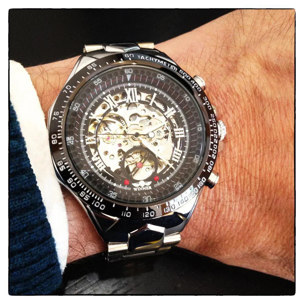Winner Men's Luxury Mechanical Watch – Sport Design Bezel, Automatic Skeleton Dial, Fashion Montre Homme