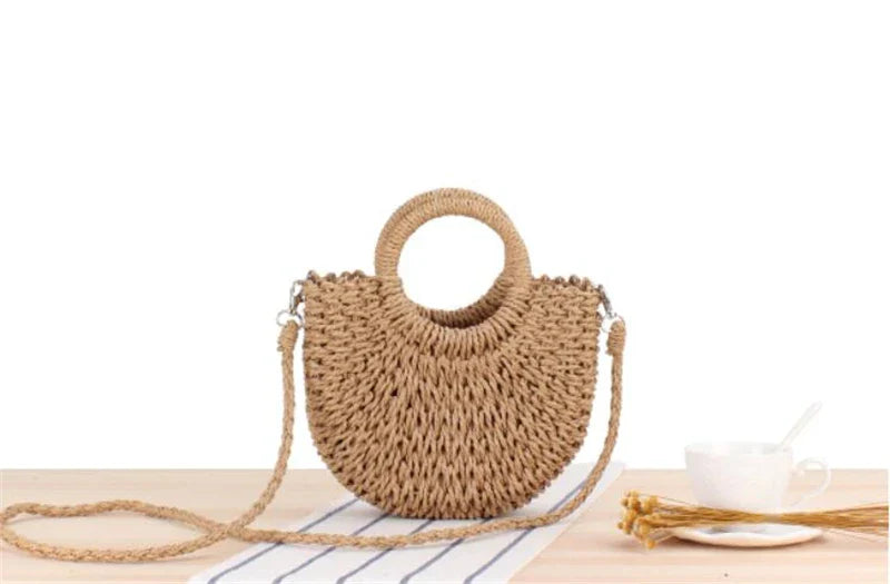 Yogodlns Handmade Half-Round Rattan Straw Bag – Summer Women’s Small Beach Messenger Crossbody Handbag