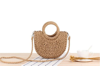 Yogodlns Handmade Half-Round Rattan Straw Bag – Summer Women’s Small Beach Messenger Crossbody Handbag