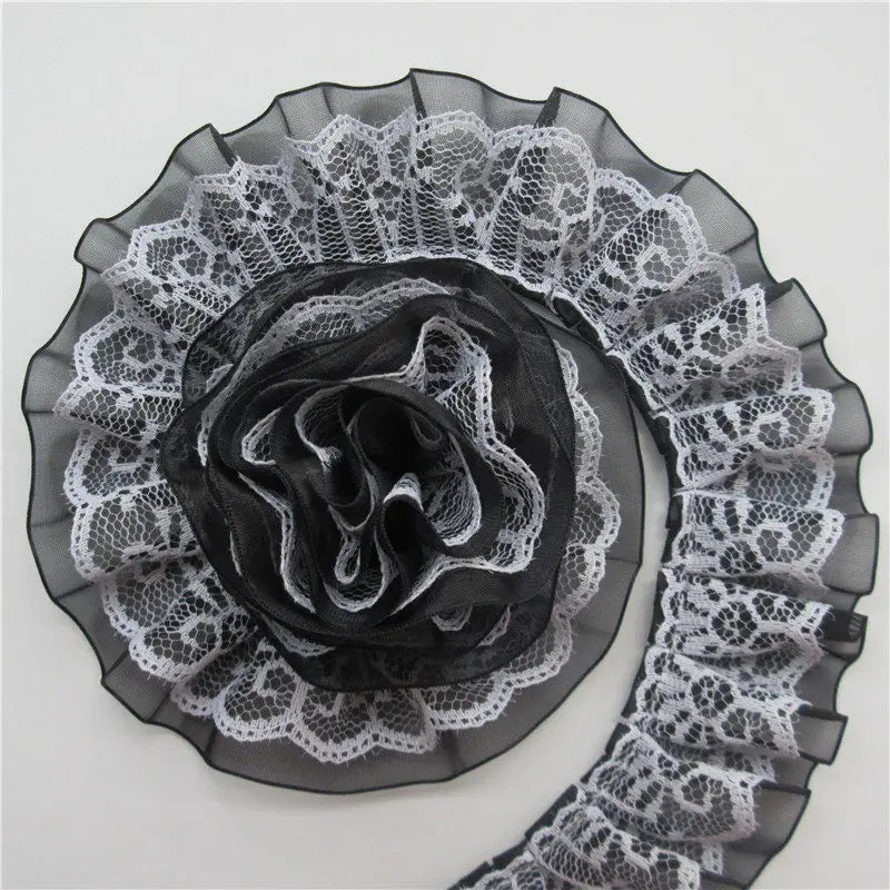 2 Yard Pleated Organza Lace Trim - 4cm Double Layer Ribbon for Sewing, Doll Clothes & Wedding Decor