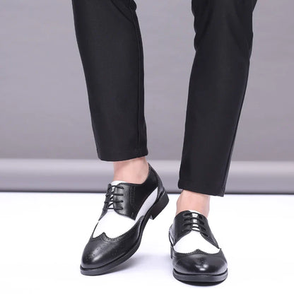 Men's Black & White Leather Oxford Shoes - Elegant British Style Wedding & Formal Party Dress Shoes