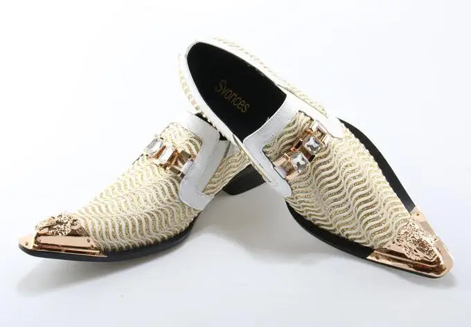Men’s Designer Pointed Toe Dress Shoes - Crystal Patchwork Metal Toe Wedding & Party Shoes
