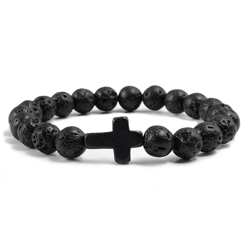 Natural Stone Cross Bracelet - Black Lava Matte Beaded Jewelry for Men & Women Prayer, Fitness & Gift