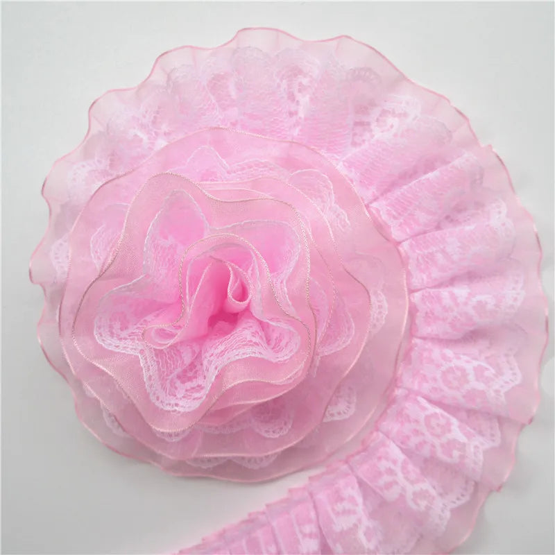 2 Yard Pleated Organza Lace Trim - 4cm Double Layer Ribbon for Sewing, Doll Clothes & Wedding Decor