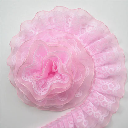 2 Yard Pleated Organza Lace Trim - 4cm Double Layer Ribbon for Sewing, Doll Clothes & Wedding Decor