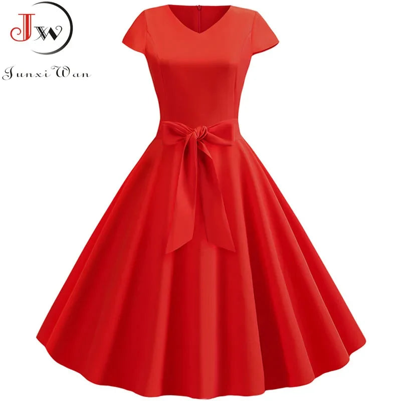 Women Vintage Summer Dress - V Neck Short Sleeve Swing Party Dress With Belt