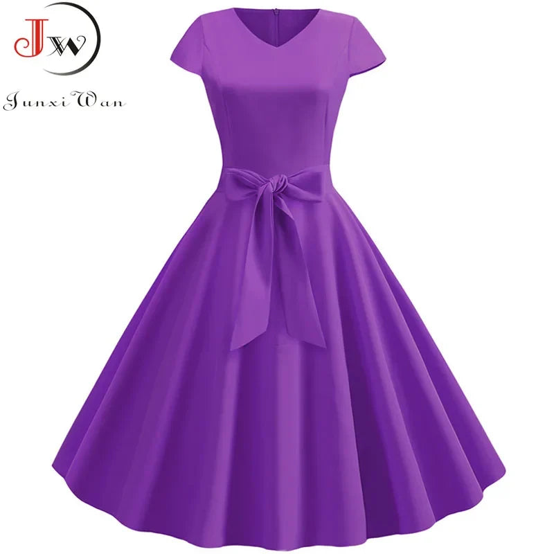 Women Vintage Summer Dress - V Neck Short Sleeve Swing Party Dress With Belt