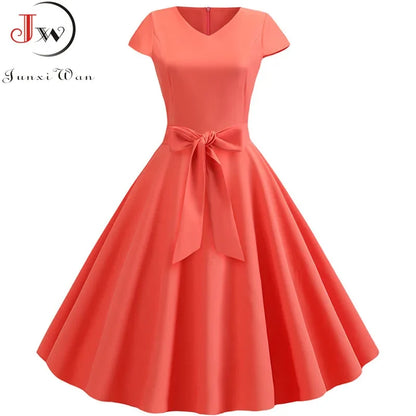 Women Vintage Summer Dress - V Neck Short Sleeve Swing Party Dress With Belt