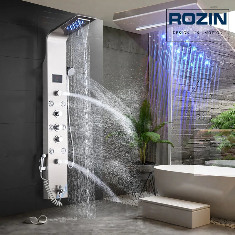 LED Waterfall Shower Panel System - Black In-Wall Rain Shower with Spa Massage Sprayer & Bidet Tap