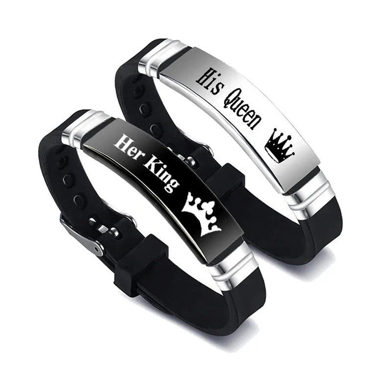 2 Pcs/Set His Queen Her King Couple Bracelets - Stainless Steel Adjustable Silicone Strap Bangles for Valentine's Day Gift