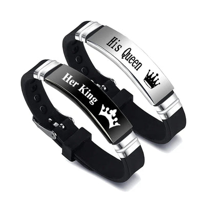 2 Pcs/Set His Queen Her King Couple Bracelets - Stainless Steel Adjustable Silicone Strap Bangles for Valentine's Day Gift