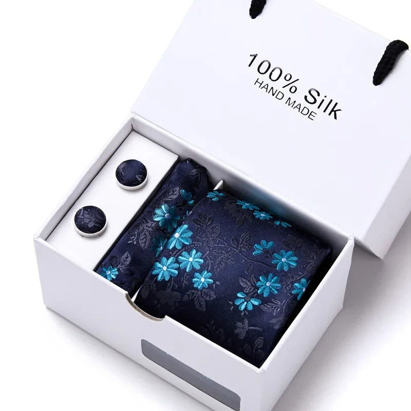 100% Silk Tie Gift Set - Classic Striped Wedding Necktie with Handkerchief for Men