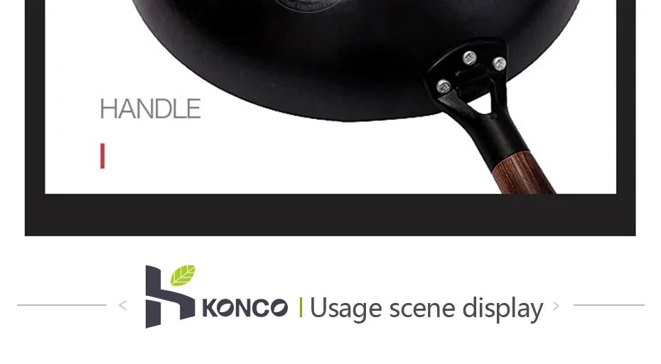 Konco 32cm Cast Iron Wok – Non-Coated Chinese Cookware Pan for Gas & Induction Kitchen Use
