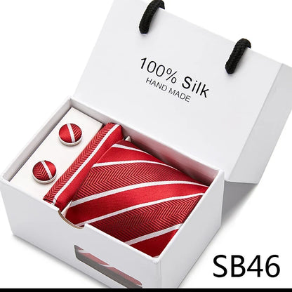 100% Silk Tie Gift Set - Classic Striped Wedding Necktie with Handkerchief for Men