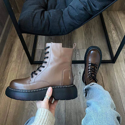 BeauToday Women’s Leather Ankle Boots - Platform Cow Leather Shoes with Side Zipper, Lace-Up Detail & Handmade Finish