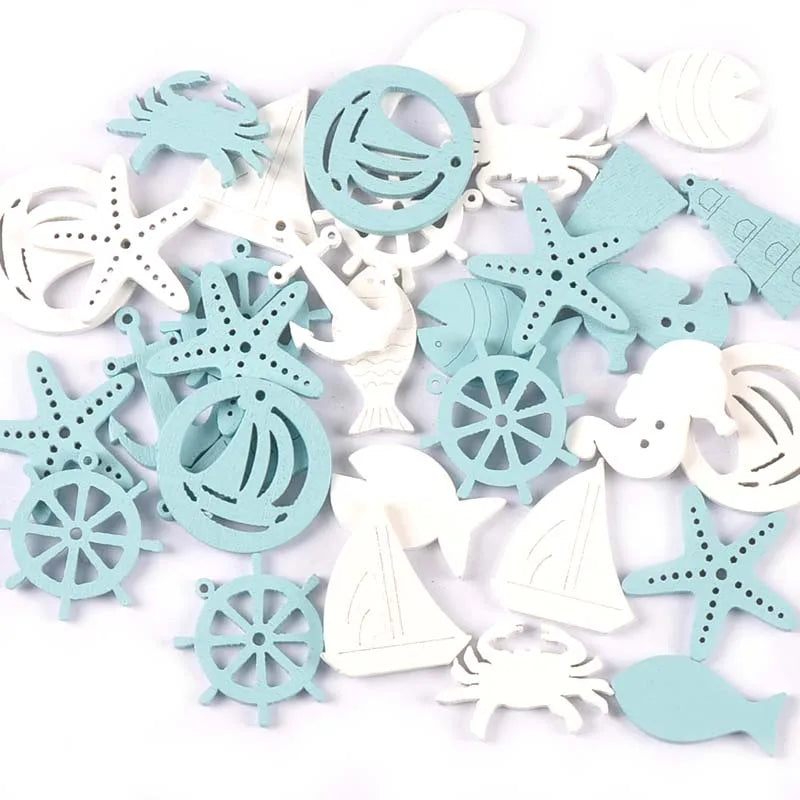 20PCS Ocean Theme Blue & White Wood Slice Embellishments – DIY Scrapbooking, Crafts & Home Decor