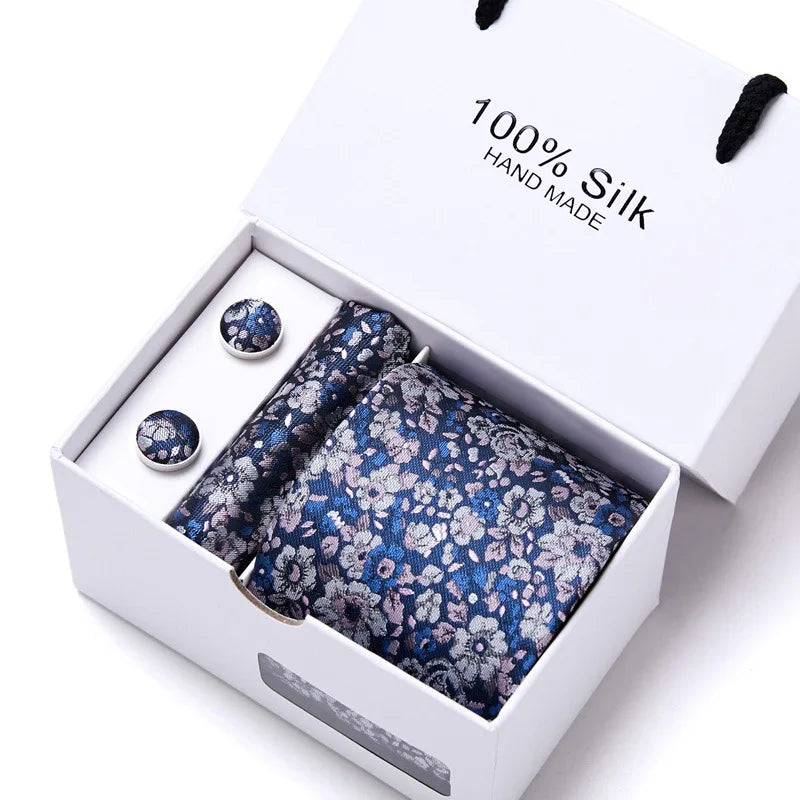 100% Silk Tie Gift Set - Classic Striped Wedding Necktie with Handkerchief for Men