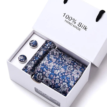 100% Silk Tie Gift Set - Classic Striped Wedding Necktie with Handkerchief for Men