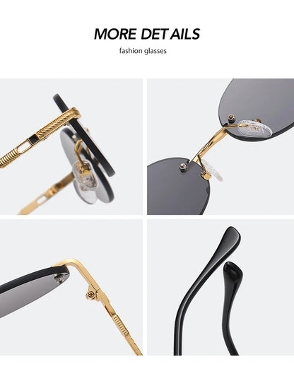 Retro Oval Rimless Sunglasses – Blue Mirror Gold Metal UV400 for Men & Women