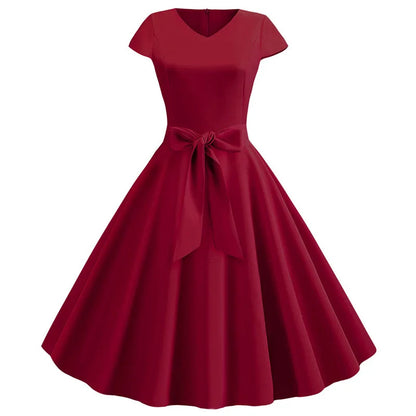 Women Vintage Summer Dress - V Neck Short Sleeve Swing Party Dress With Belt