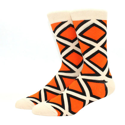 Men’s Funny Argyle Diamond Pattern Cotton Socks – Large Size 3D Geometric Crew Tube Socks, Combed Cotton Casual Novelty Socks