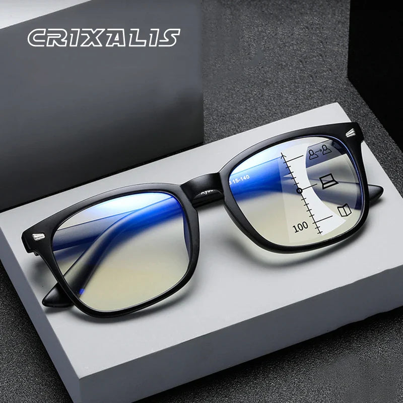 CRIXALIS Square Progressive Reading Glasses – Multifocal Anti-Glare Computer Eyewear for Men & Women, UV400 Protection