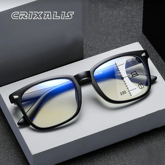 CRIXALIS Square Multifocal Progressive Reading Glasses Anti-Glare UV400 Fashion Computer Eyewear for Men & Women with Diopter Support