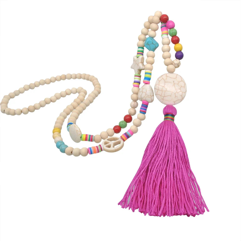 Wooden Bead Tassel Long Necklace - Bohemian Summer Beach Sweater Chain for Women | Mother's Day Gift