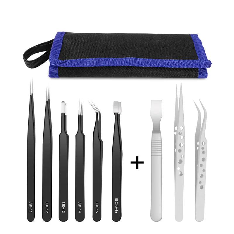 9-Pcs Stainless Steel Tweezers Set — Anti-Static Precision Tools for Electronics & Phone Repair