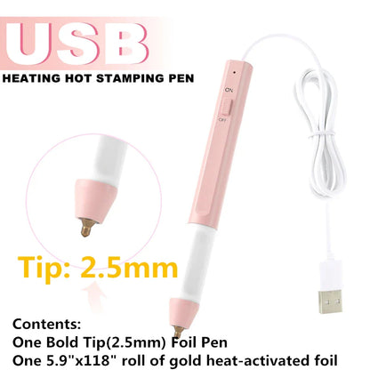 USB Hot Foil Pen with 0.8/1.5/2.5mm Tips – Slim Heat-Resistant Grip for DIY Calligraphy on Paper & Leather