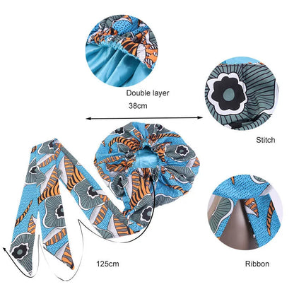 African Print Satin Bonnet with Long Ribbon - Double-Layer Ankara Hair Wrap Cap for Women, Large Size Head Cover