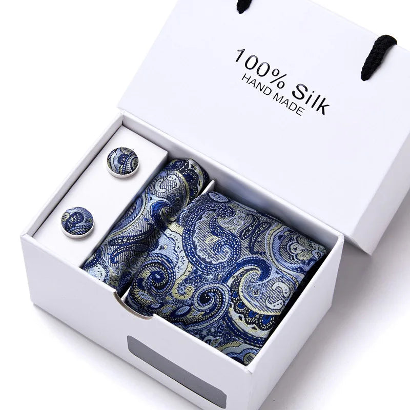 100% Silk Tie Gift Set - Classic Striped Wedding Necktie with Handkerchief for Men