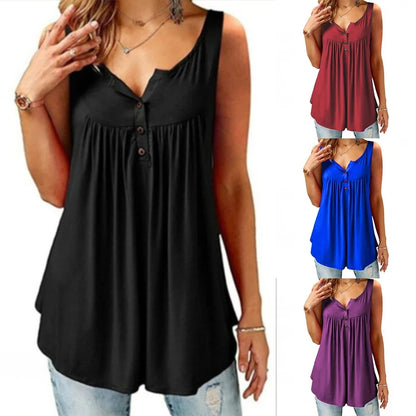 Women’s Loose U Neck Tank Top - Sleeveless Pleated Button Camisole Summer Vest