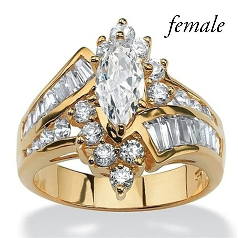 Couple CZ Crystal Rings Set - Marquise Cut Stainless Steel Love Rings with Two Row Zircon Design for Men & Women