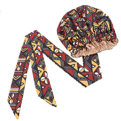 African Satin Lined Bonnet with Long Ribbon - Floral Ankara Print Head Wrap Turban Cap for Women